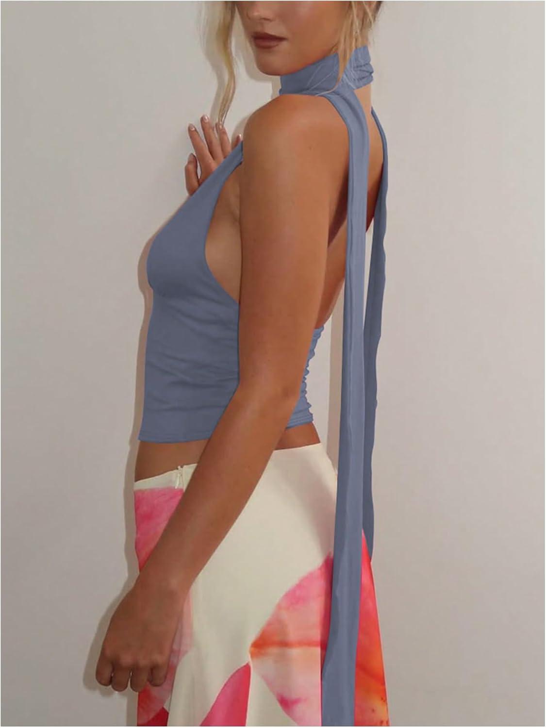 imageSOLY HUX Sexy Tops for Women Going Out Halter Scarf Crop Top Deep V Sleeveless Backless Vest Party ClubwearPlain Dusty Blue