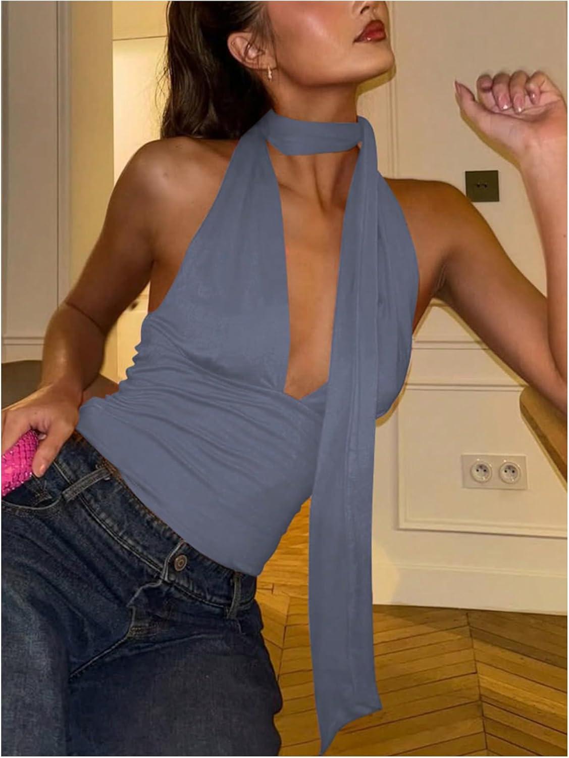 imageSOLY HUX Sexy Tops for Women Going Out Halter Scarf Crop Top Deep V Sleeveless Backless Vest Party ClubwearPlain Dusty Blue