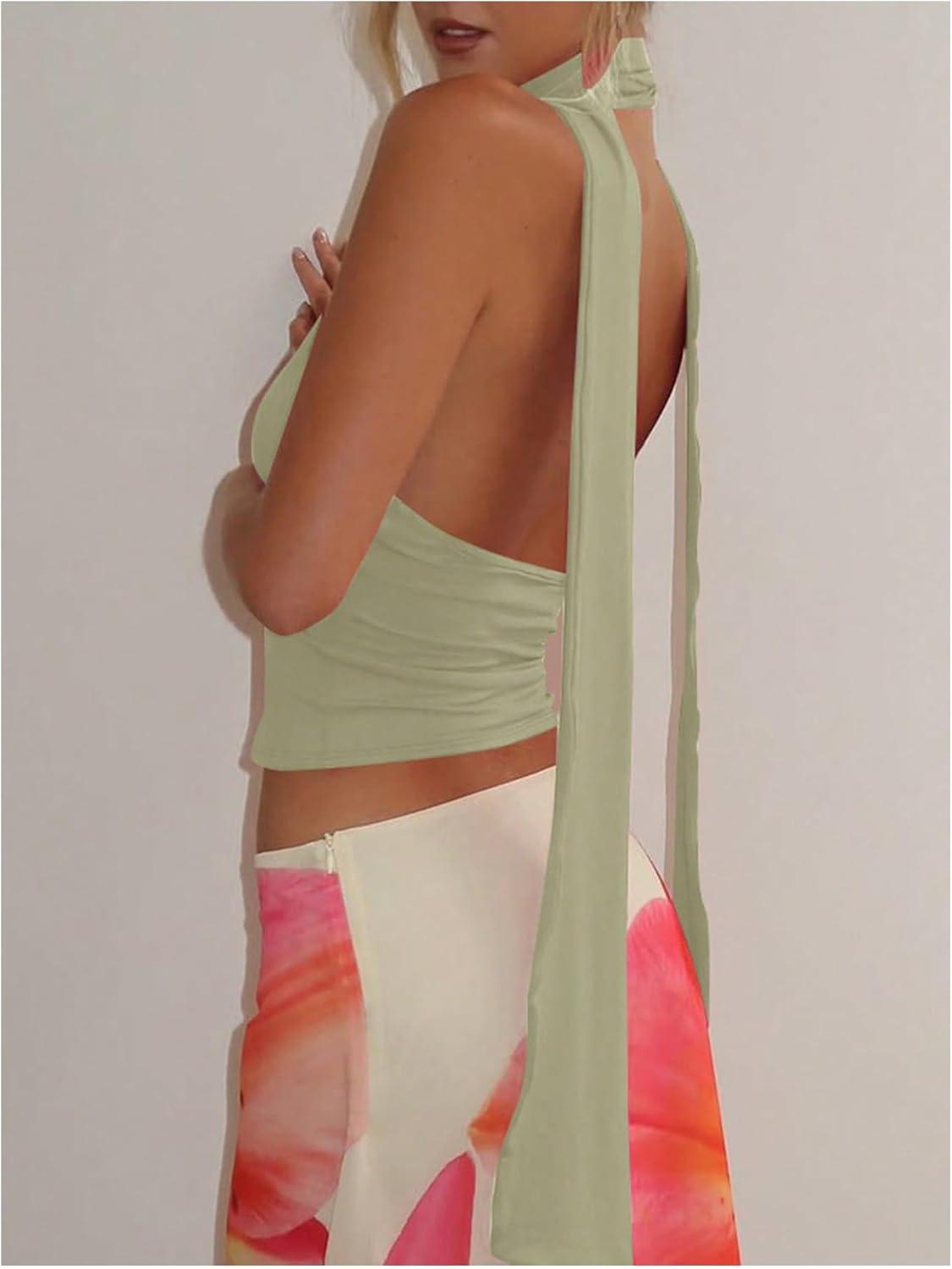 imageSOLY HUX Sexy Tops for Women Going Out Halter Scarf Crop Top Deep V Sleeveless Backless Vest Party ClubwearPlain Green