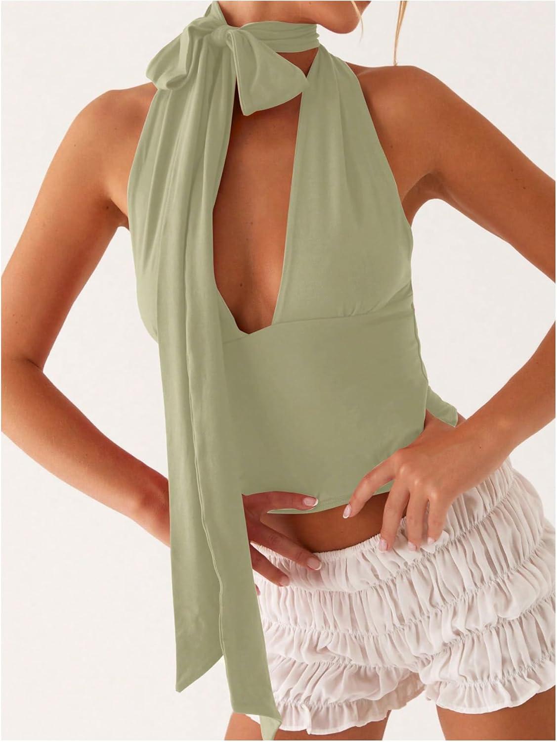 imageSOLY HUX Sexy Tops for Women Going Out Halter Scarf Crop Top Deep V Sleeveless Backless Vest Party ClubwearPlain Green