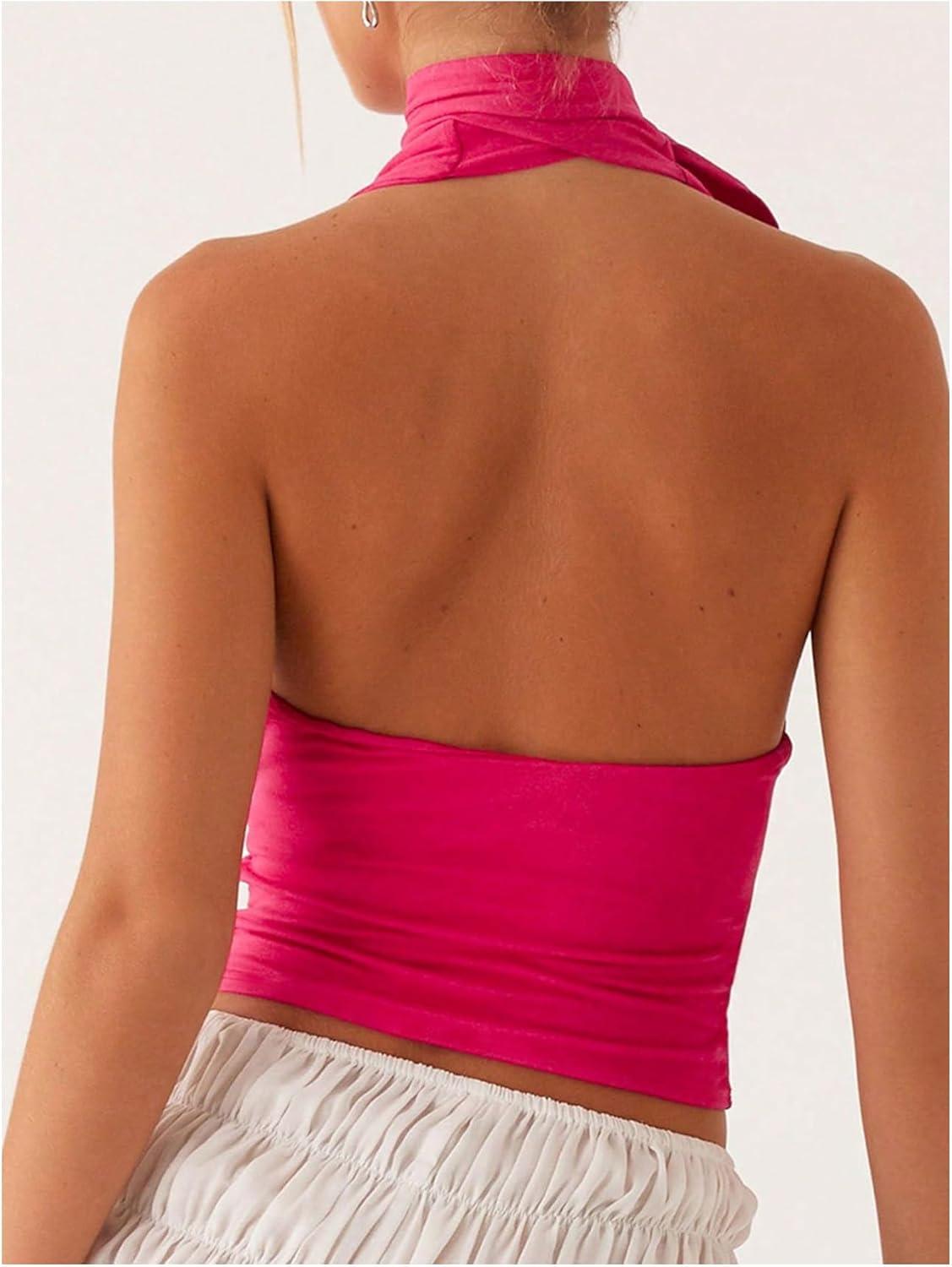 imageSOLY HUX Sexy Tops for Women Going Out Halter Scarf Crop Top Deep V Sleeveless Backless Vest Party ClubwearPlain Hotpink