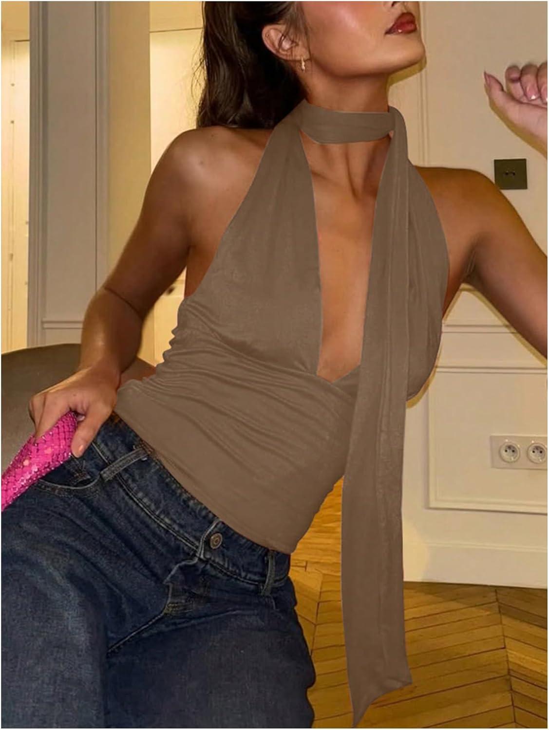 imageSOLY HUX Sexy Tops for Women Going Out Halter Scarf Crop Top Deep V Sleeveless Backless Vest Party ClubwearPlain Khaki