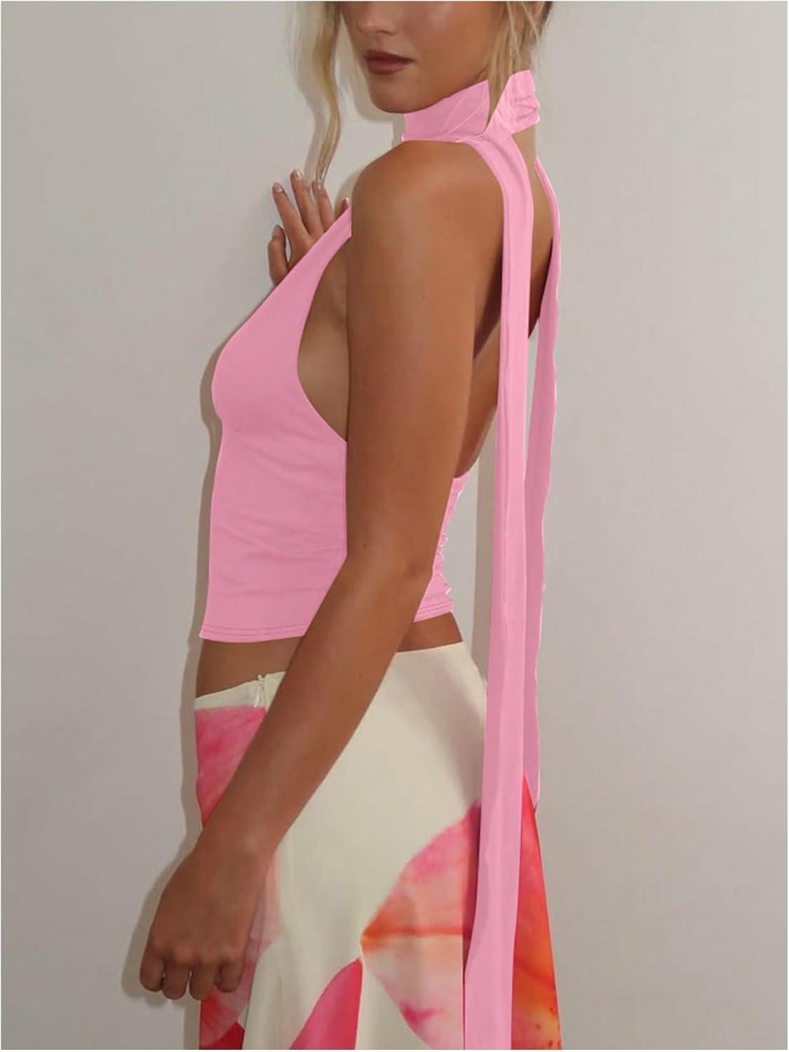 imageSOLY HUX Sexy Tops for Women Going Out Halter Scarf Crop Top Deep V Sleeveless Backless Vest Party ClubwearPlain Light Pink