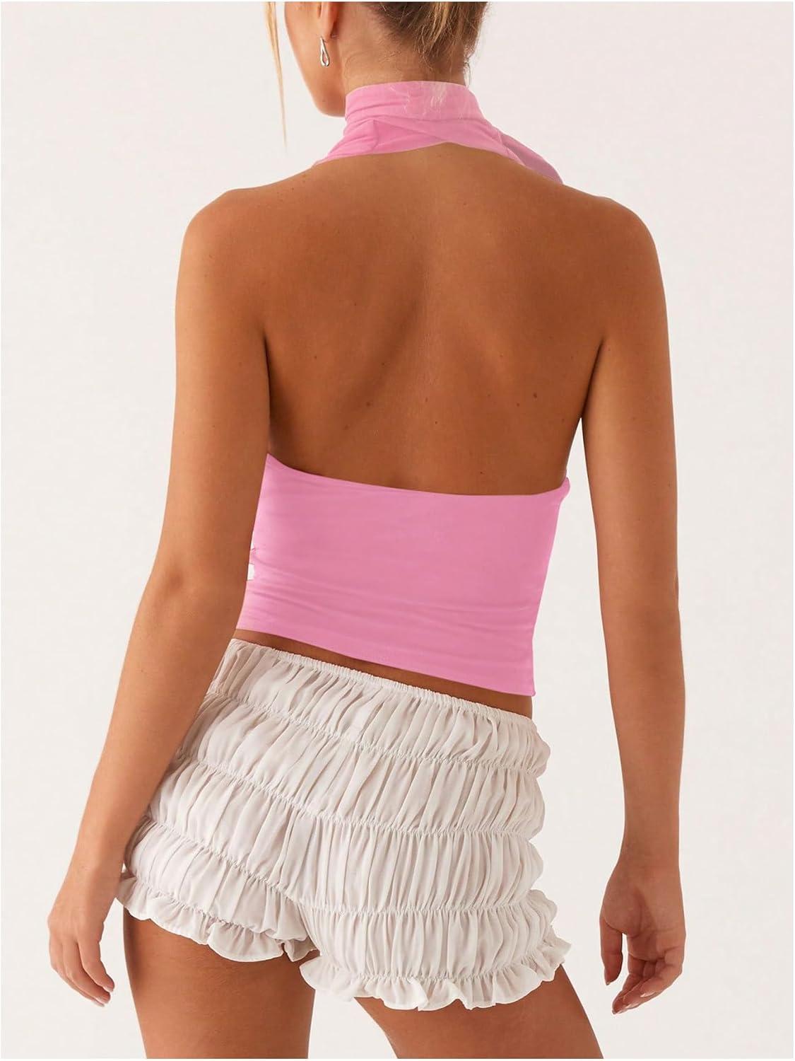 imageSOLY HUX Sexy Tops for Women Going Out Halter Scarf Crop Top Deep V Sleeveless Backless Vest Party ClubwearPlain Light Pink