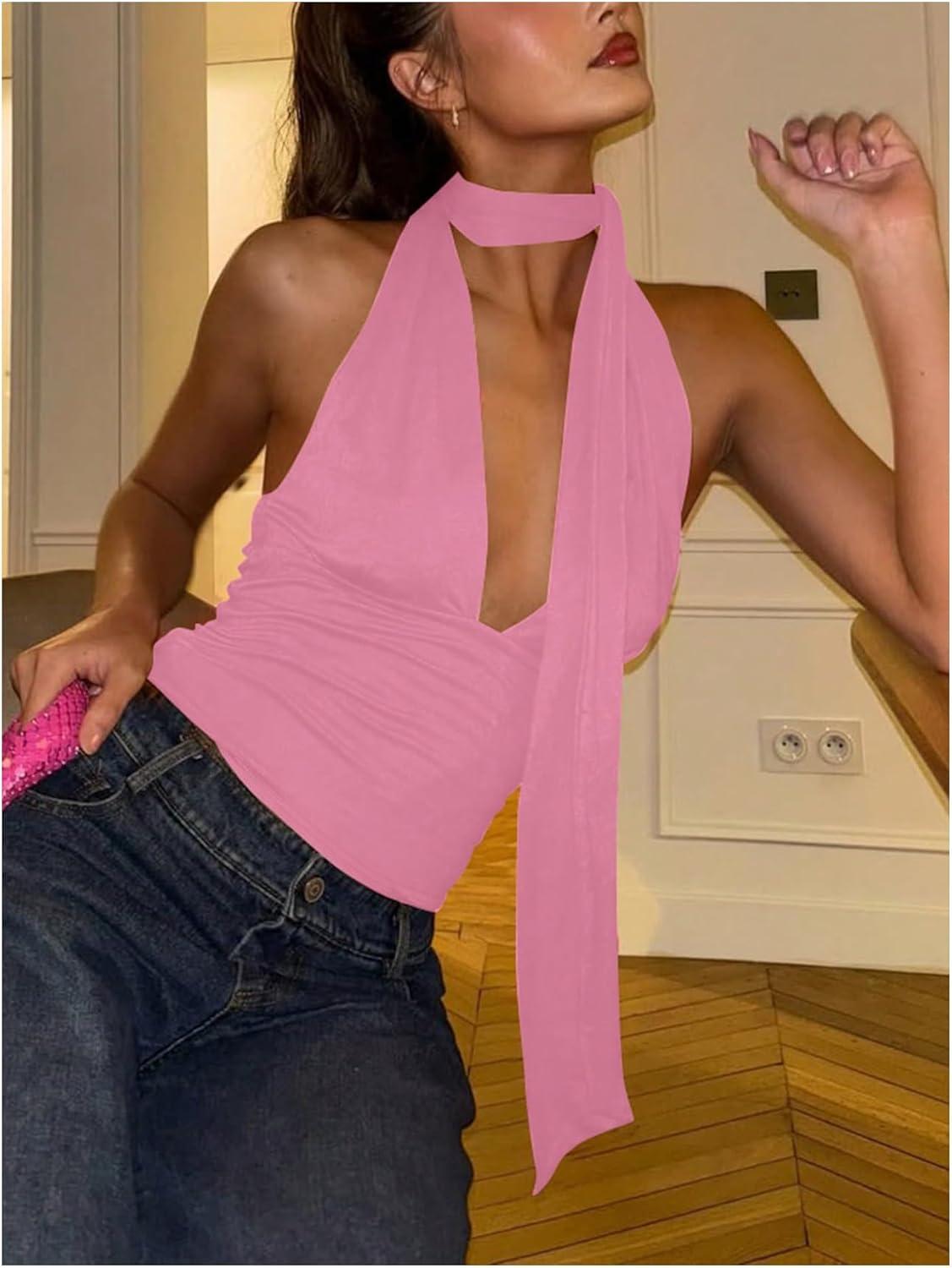 imageSOLY HUX Sexy Tops for Women Going Out Halter Scarf Crop Top Deep V Sleeveless Backless Vest Party ClubwearPlain Light Pink