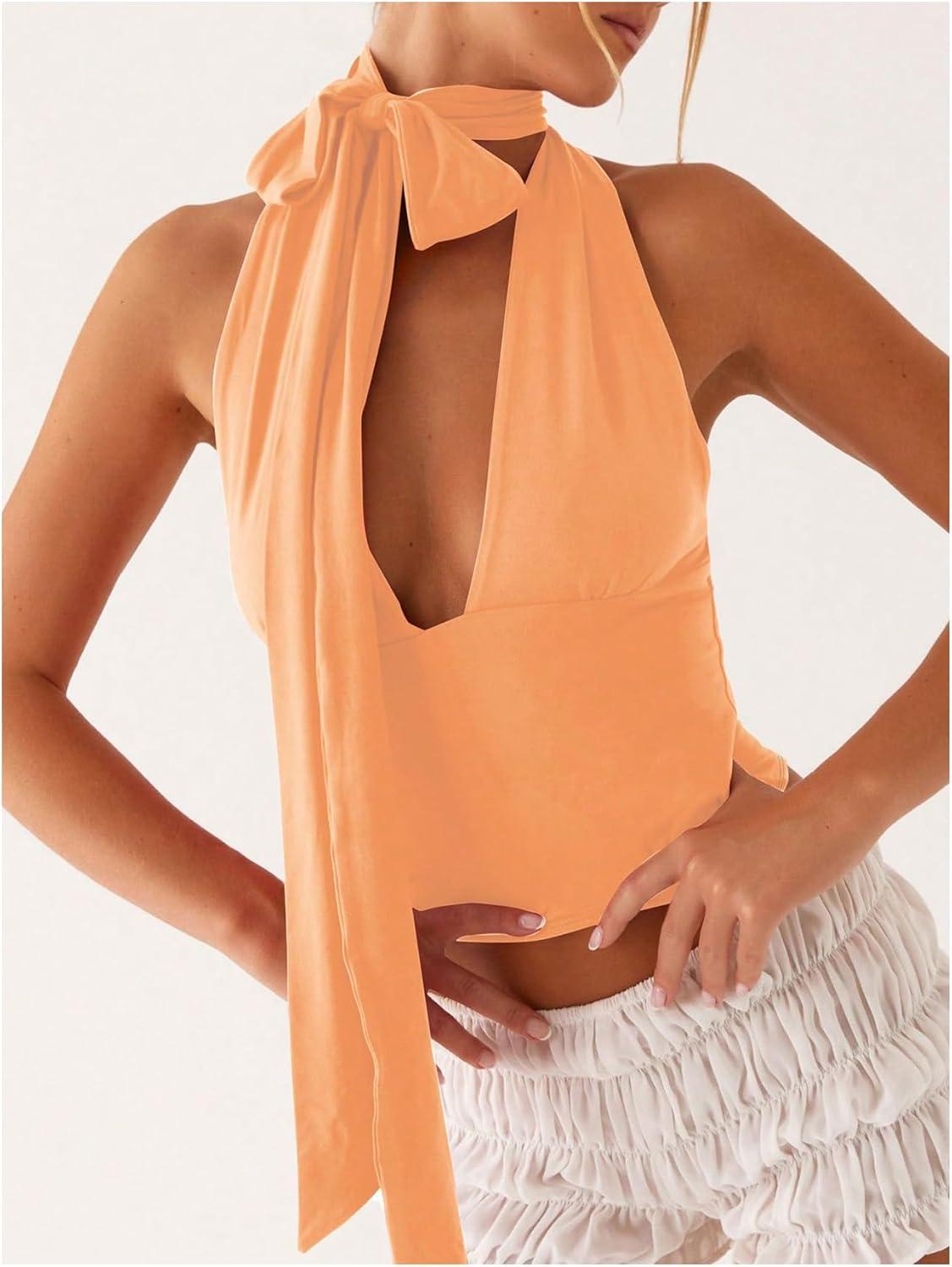 imageSOLY HUX Sexy Tops for Women Going Out Halter Scarf Crop Top Deep V Sleeveless Backless Vest Party ClubwearPlain Orange