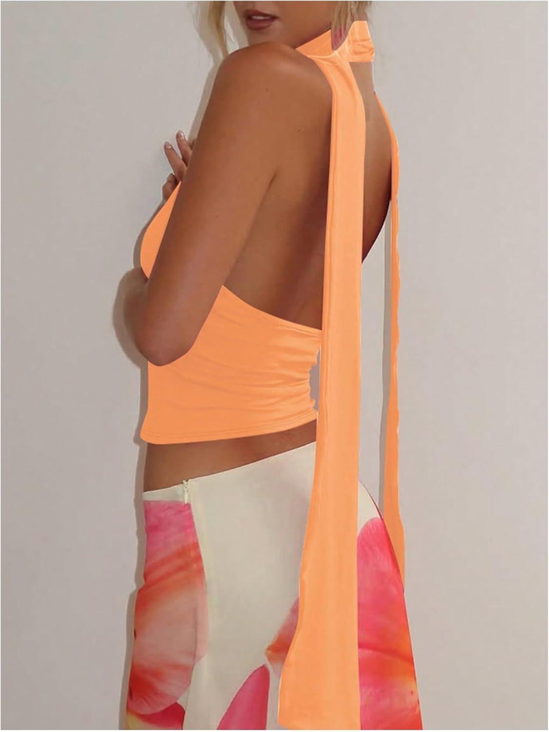 imageSOLY HUX Sexy Tops for Women Going Out Halter Scarf Crop Top Deep V Sleeveless Backless Vest Party ClubwearPlain Orange