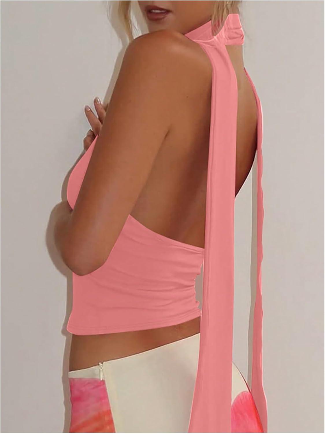 imageSOLY HUX Sexy Tops for Women Going Out Halter Scarf Crop Top Deep V Sleeveless Backless Vest Party ClubwearPlain Pink