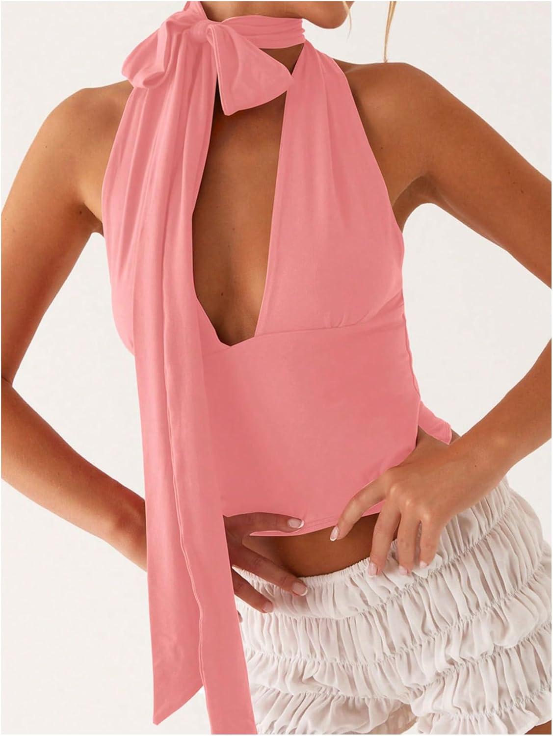 imageSOLY HUX Sexy Tops for Women Going Out Halter Scarf Crop Top Deep V Sleeveless Backless Vest Party ClubwearPlain Pink