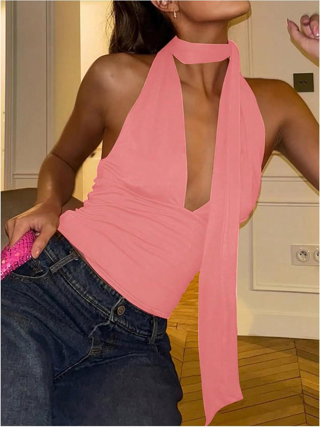 imageSOLY HUX Sexy Tops for Women Going Out Halter Scarf Crop Top Deep V Sleeveless Backless Vest Party ClubwearPlain Pink