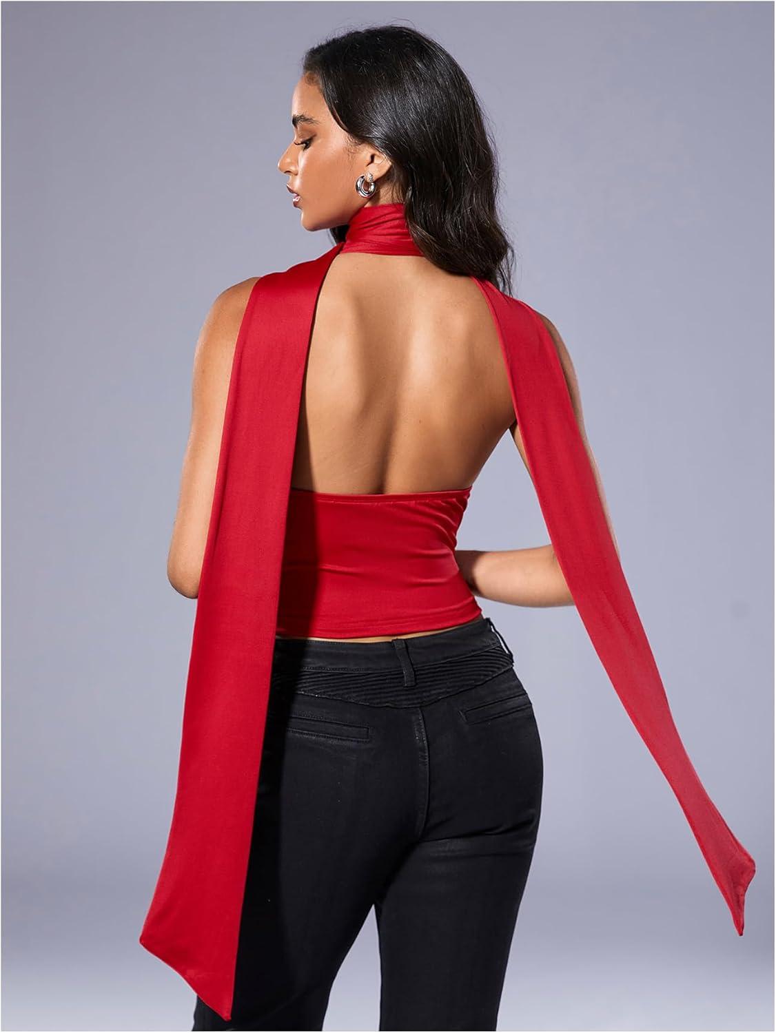 imageSOLY HUX Sexy Tops for Women Going Out Halter Scarf Crop Top Deep V Sleeveless Backless Vest Party ClubwearPlain Red