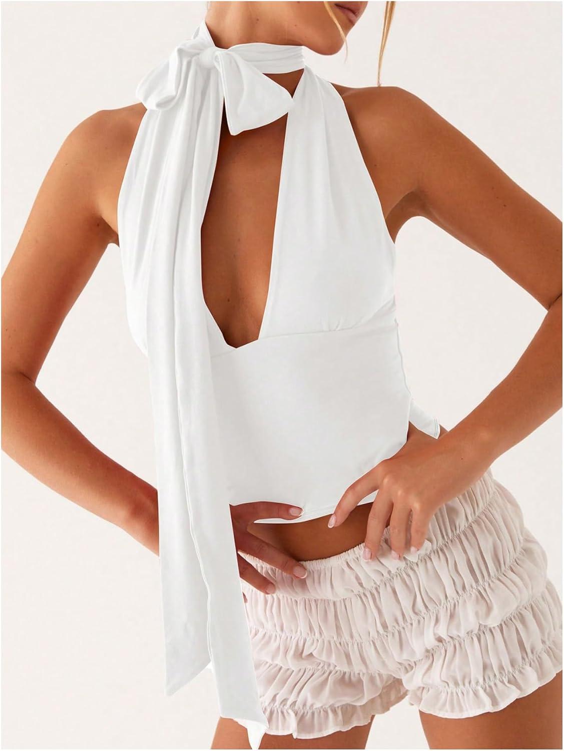 imageSOLY HUX Sexy Tops for Women Going Out Halter Scarf Crop Top Deep V Sleeveless Backless Vest Party ClubwearPlain White
