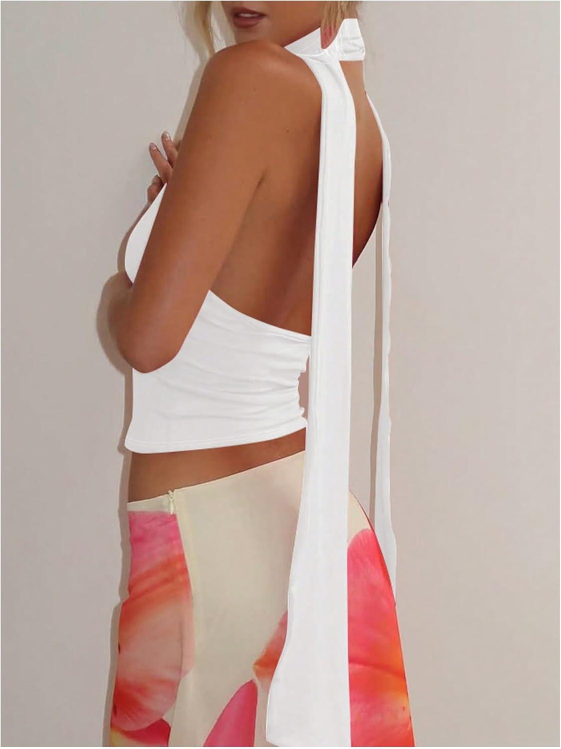 imageSOLY HUX Sexy Tops for Women Going Out Halter Scarf Crop Top Deep V Sleeveless Backless Vest Party ClubwearPlain White
