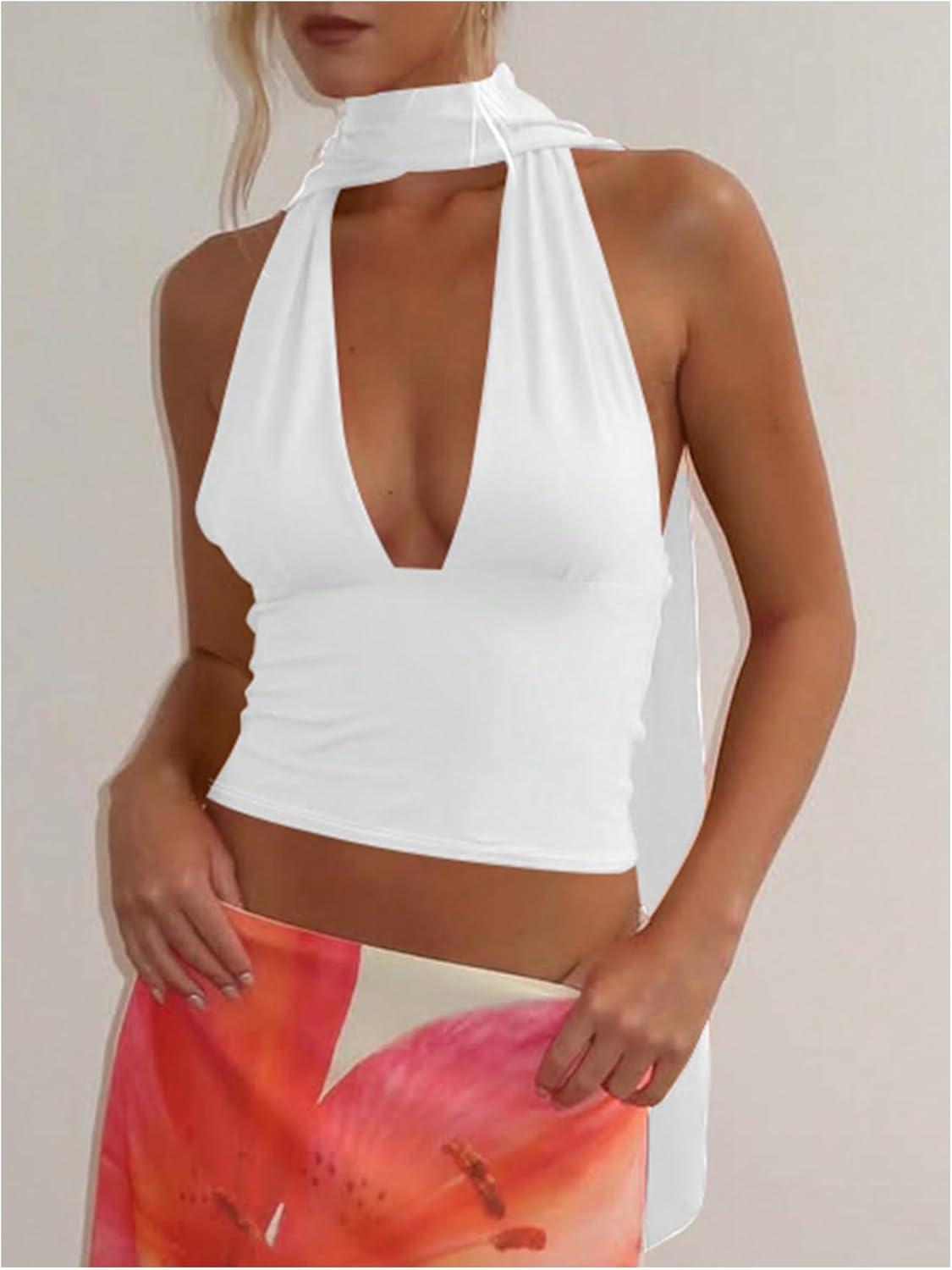 imageSOLY HUX Sexy Tops for Women Going Out Halter Scarf Crop Top Deep V Sleeveless Backless Vest Party ClubwearPlain White