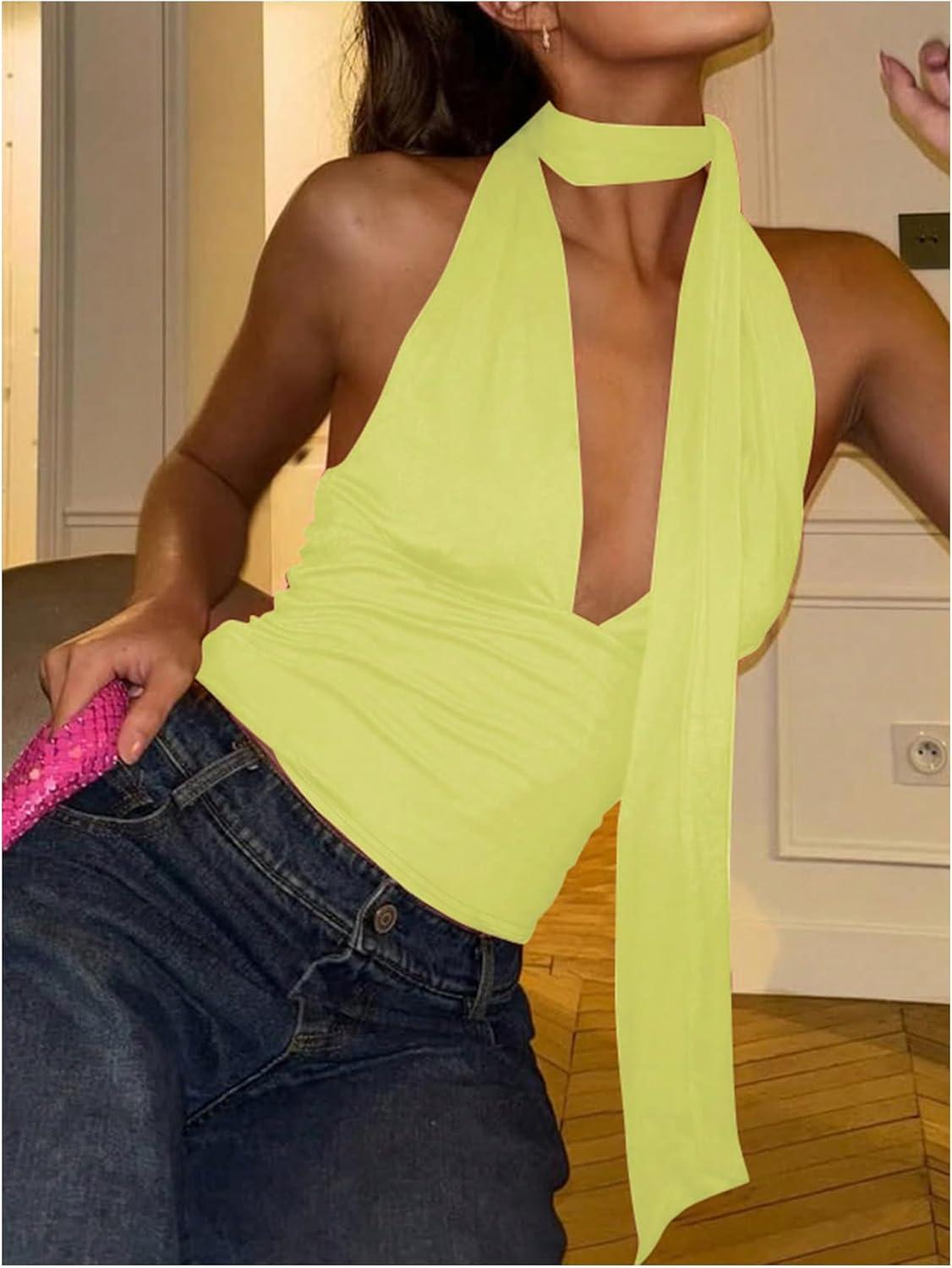 imageSOLY HUX Sexy Tops for Women Going Out Halter Scarf Crop Top Deep V Sleeveless Backless Vest Party ClubwearPlain Yellow