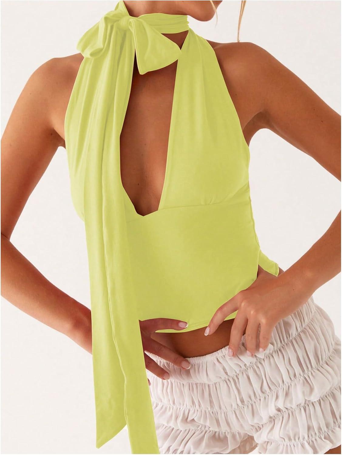imageSOLY HUX Sexy Tops for Women Going Out Halter Scarf Crop Top Deep V Sleeveless Backless Vest Party ClubwearPlain Yellow