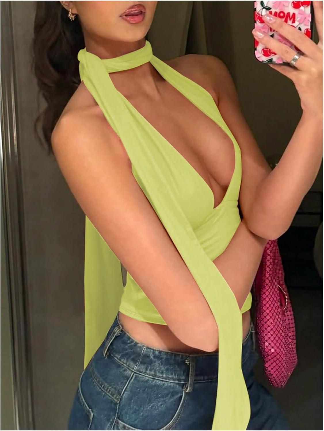 imageSOLY HUX Sexy Tops for Women Going Out Halter Scarf Crop Top Deep V Sleeveless Backless Vest Party ClubwearPlain Yellow