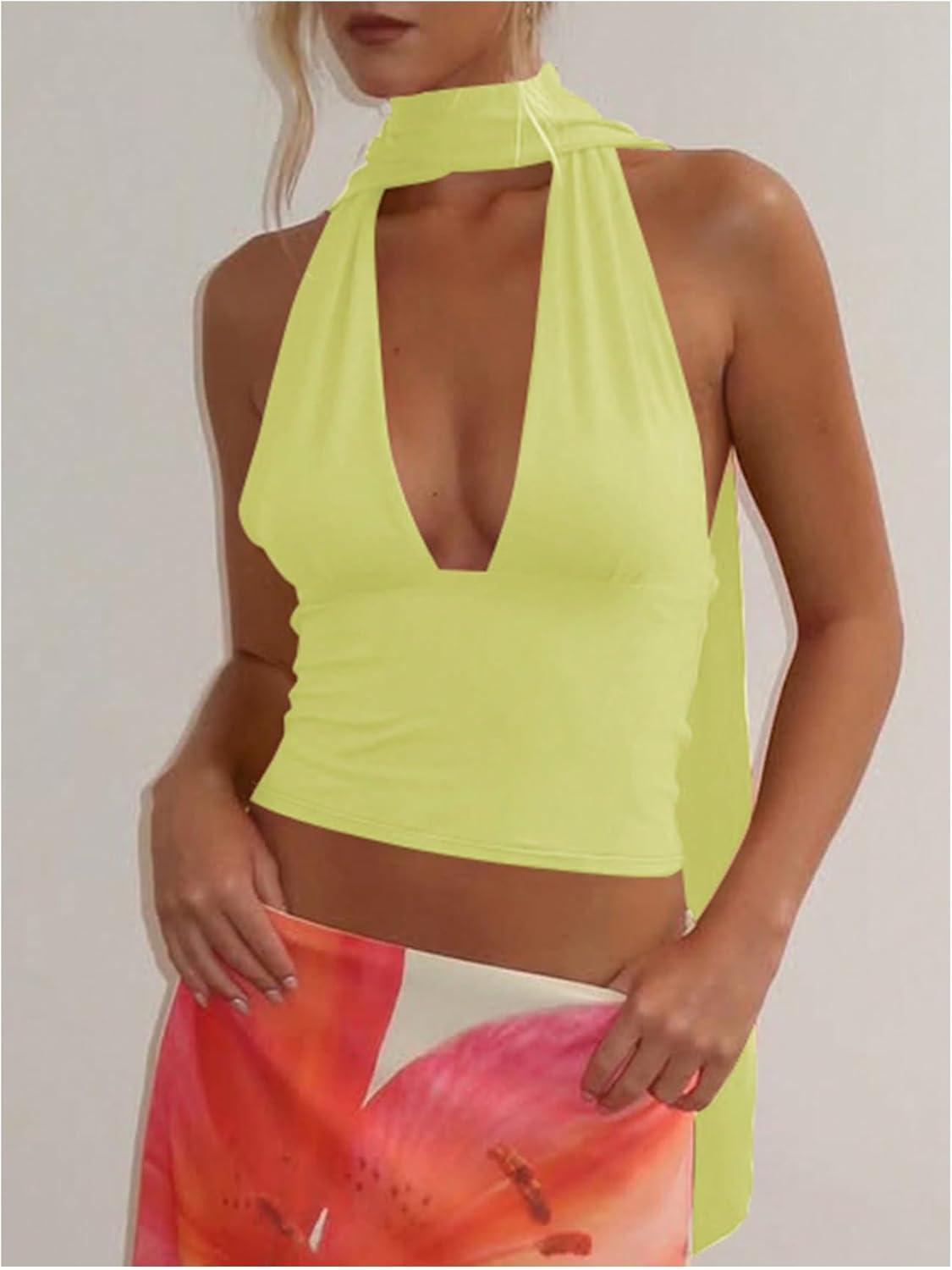 imageSOLY HUX Sexy Tops for Women Going Out Halter Scarf Crop Top Deep V Sleeveless Backless Vest Party ClubwearPlain Yellow