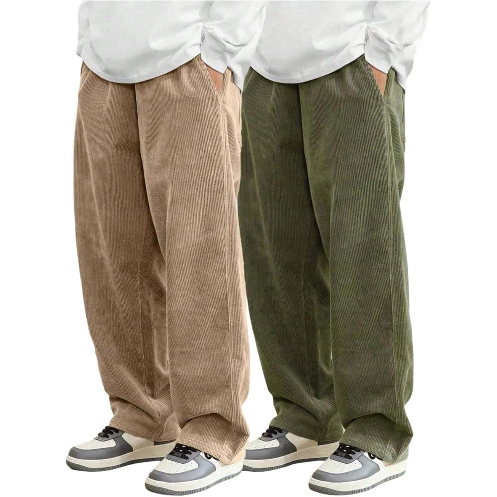 imageSOLY HUX Mens 2 Piece Corduroy Pants Drawstring Elastic Waist Straight Leg Baggy Pants with PocketsKhaki and Green
