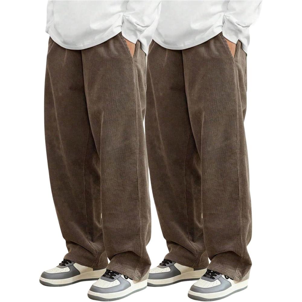 imageSOLY HUX Mens 2 Piece Corduroy Pants Drawstring Elastic Waist Straight Leg Baggy Pants with PocketsPlain Brown
