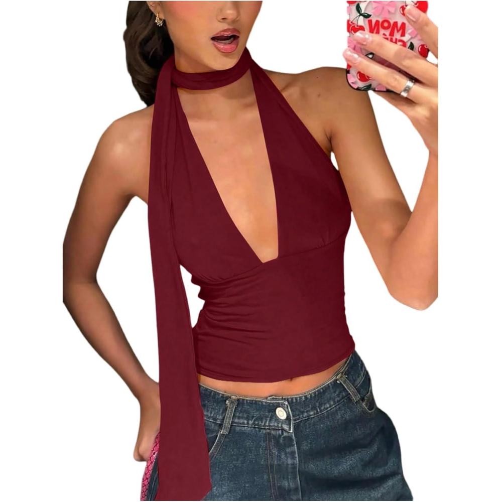 imageSOLY HUX Sexy Tops for Women Going Out Halter Scarf Crop Top Deep V Sleeveless Backless Vest Party ClubwearPlain Burgundy