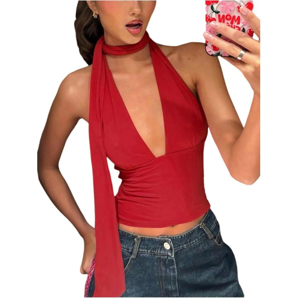 imageSOLY HUX Sexy Tops for Women Going Out Halter Scarf Crop Top Deep V Sleeveless Backless Vest Party ClubwearPlain Red