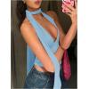 imageSOLY HUX Sexy Tops for Women Going Out Halter Scarf Crop Top Deep V Sleeveless Backless Vest Party ClubwearPlain Blue