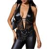 imageSOLY HUX Womens Gothic Grunge PU Leather Sparkly Halter Crop Top Y2k Deep V Neck Vest Rave OutfitsSolid Black