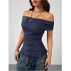 imageSOLY HUX Womens Off The Shoulder T Shirt Cap Sleeve Ruffle Asymmetrical Hem Ruched Tee Y2k Summer TopsPlain Dark Blue
