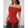 imageSOLY HUX Womens Off The Shoulder T Shirt Cap Sleeve Ruffle Asymmetrical Hem Ruched Tee Y2k Summer TopsPlain Red