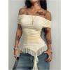 imageSOLY HUX Womens Off The Shoulder T Shirt Cap Sleeve Ruffle Asymmetrical Hem Ruched Tee Y2k Summer TopsPure Apricot