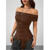imageSOLY HUX Womens Off The Shoulder T Shirt Cap Sleeve Ruffle Asymmetrical Hem Ruched Tee Y2k Summer TopsPure Brown
