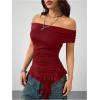 imageSOLY HUX Womens Off The Shoulder T Shirt Cap Sleeve Ruffle Asymmetrical Hem Ruched Tee Y2k Summer TopsPure Burgundy
