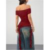 imageSOLY HUX Womens Off The Shoulder T Shirt Cap Sleeve Ruffle Asymmetrical Hem Ruched Tee Y2k Summer TopsPure Burgundy