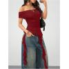 imageSOLY HUX Womens Off The Shoulder T Shirt Cap Sleeve Ruffle Asymmetrical Hem Ruched Tee Y2k Summer TopsPure Burgundy