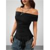 imageSOLY HUX Womens Off The Shoulder T Shirt Cap Sleeve Ruffle Asymmetrical Hem Ruched Tee Y2k Summer TopsSolid Black