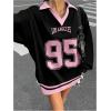 imageSOLY HUX Womens Oversized Tees Striped Letter Print Y2k Jersey T Shirt Collar V Neck Long Sleeve Loose TopsBlack Number
