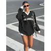 imageSOLY HUX Womens Oversized Tees Striped Letter Print Y2k Jersey T Shirt Collar V Neck Long Sleeve Loose TopsBlack Striped