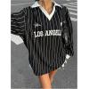 imageSOLY HUX Womens Oversized Tees Striped Letter Print Y2k Jersey T Shirt Collar V Neck Long Sleeve Loose TopsBlack Striped