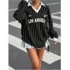 imageSOLY HUX Womens Oversized Tees Striped Letter Print Y2k Jersey T Shirt Collar V Neck Long Sleeve Loose TopsBlack Striped