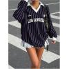 imageSOLY HUX Womens Oversized Tees Striped Letter Print Y2k Jersey T Shirt Collar V Neck Long Sleeve Loose TopsDark Blue Striped