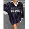 imageSOLY HUX Womens Oversized Tees Striped Letter Print Y2k Jersey T Shirt Collar V Neck Long Sleeve Loose TopsDark Blue Striped