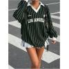 imageSOLY HUX Womens Oversized Tees Striped Letter Print Y2k Jersey T Shirt Collar V Neck Long Sleeve Loose TopsDark Green Striped