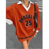 imageSOLY HUX Womens Oversized Tees Striped Letter Print Y2k Jersey T Shirt Collar V Neck Long Sleeve Loose TopsOrange Striped