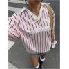 imageSOLY HUX Womens Oversized Tees Striped Letter Print Y2k Jersey T Shirt Collar V Neck Long Sleeve Loose TopsPink Striped