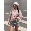 imageSOLY HUX Womens Oversized Tees Striped Letter Print Y2k Jersey T Shirt Collar V Neck Long Sleeve Loose TopsPink Striped