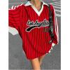 imageSOLY HUX Womens Oversized Tees Striped Letter Print Y2k Jersey T Shirt Collar V Neck Long Sleeve Loose TopsRed Letter