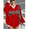imageSOLY HUX Womens Oversized Tees Striped Letter Print Y2k Jersey T Shirt Collar V Neck Long Sleeve Loose TopsRed Letter