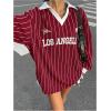 imageSOLY HUX Womens Oversized Tees Striped Letter Print Y2k Jersey T Shirt Collar V Neck Long Sleeve Loose TopsRed Striped