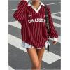 imageSOLY HUX Womens Oversized Tees Striped Letter Print Y2k Jersey T Shirt Collar V Neck Long Sleeve Loose TopsRed Striped